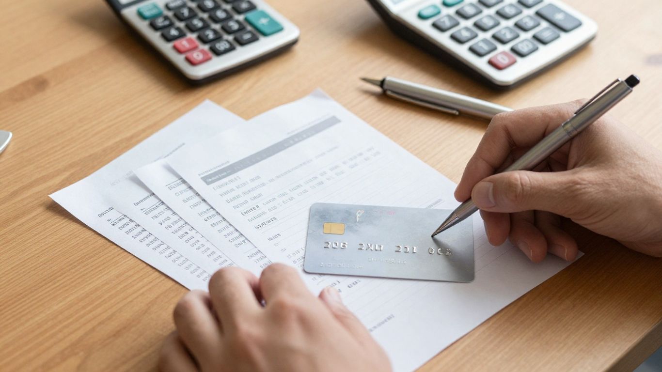 Credit card statement beside receipts and calculator