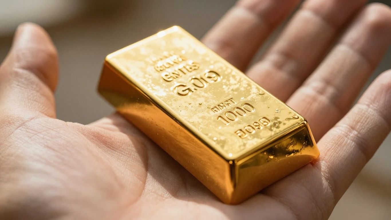 Main d'or tenant une barre d'or brillante