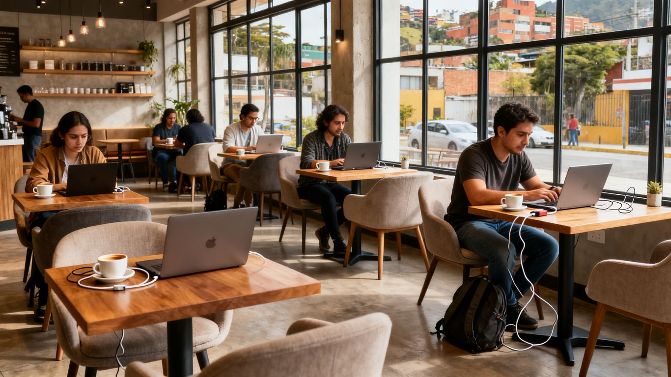 Laptop and coffee inside a spacious cafe