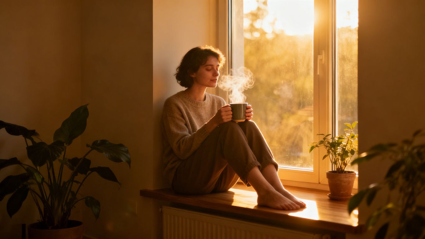 Person relaxing by a window with a warm drink.