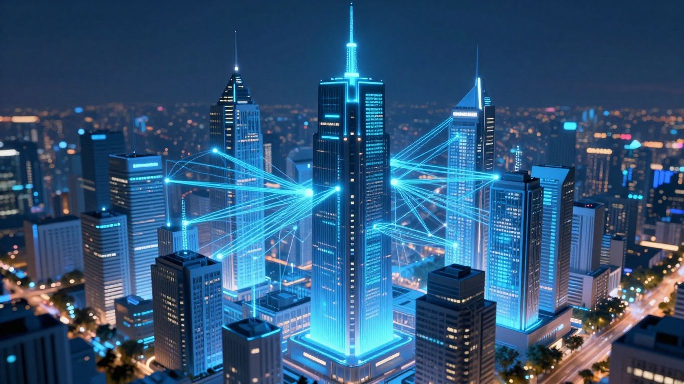 Futuristic insurance cityscape with blockchain connections