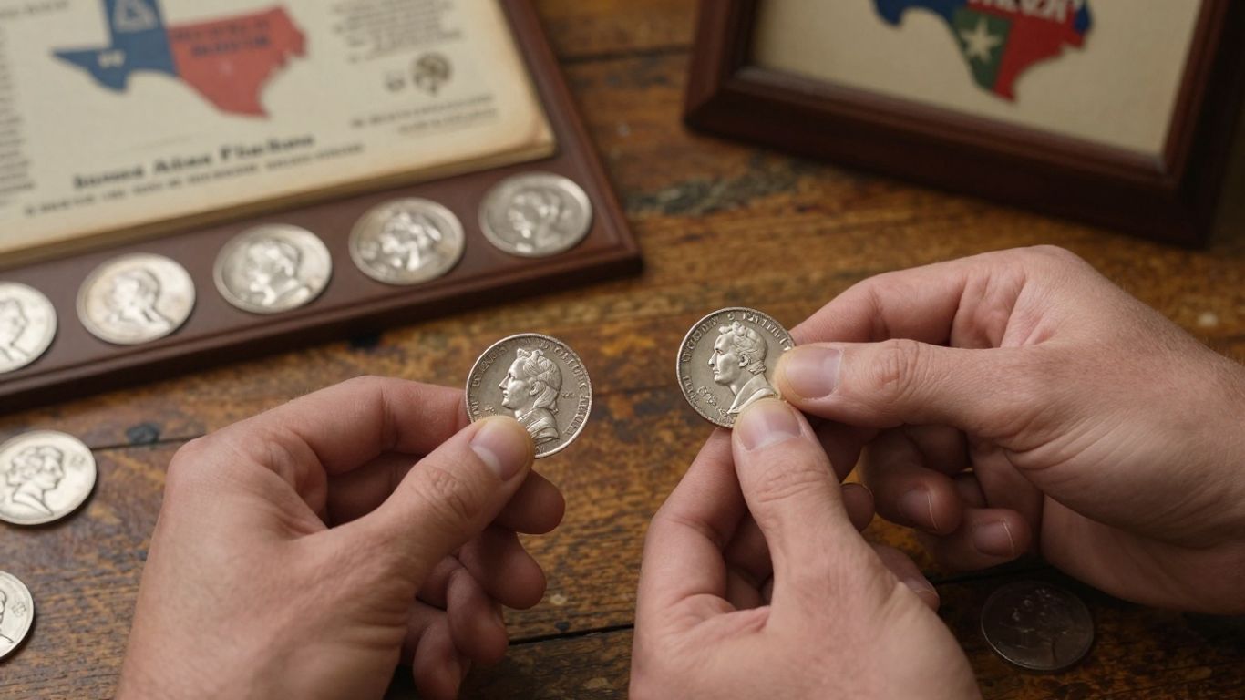 Hands exchanging Carson City coins over rustic table