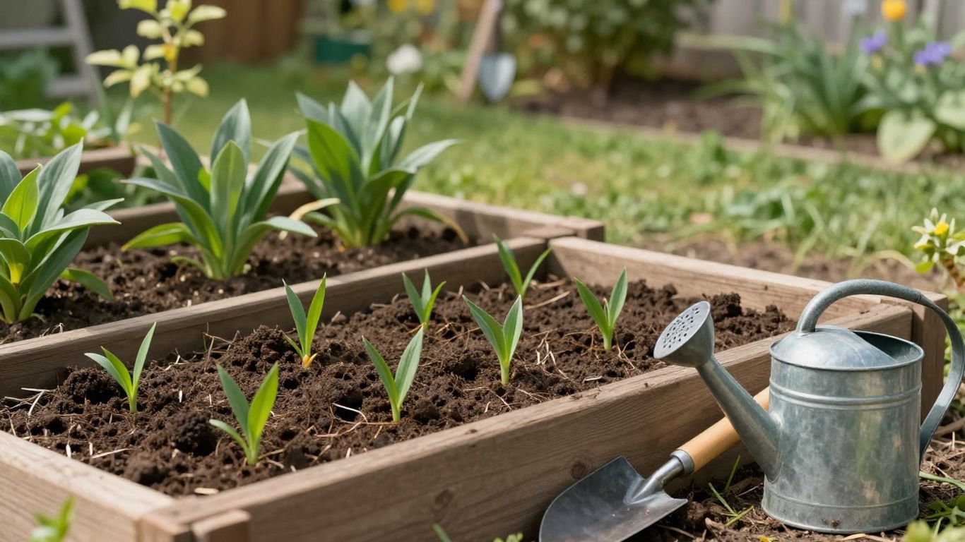 Gemüsebeet im Frühling mit frischer Erde und jungen Pflanzen