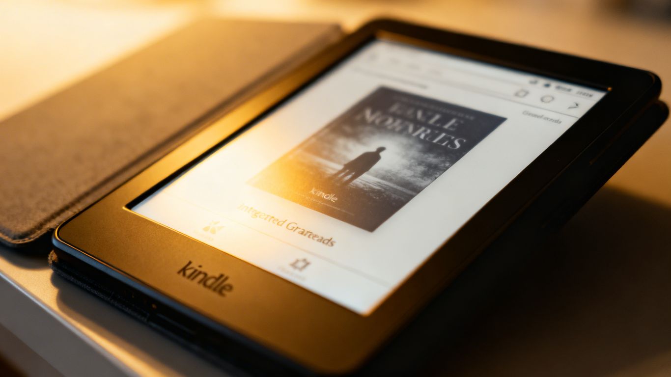 Kindle e-reader showing a book with Goodreads integration.