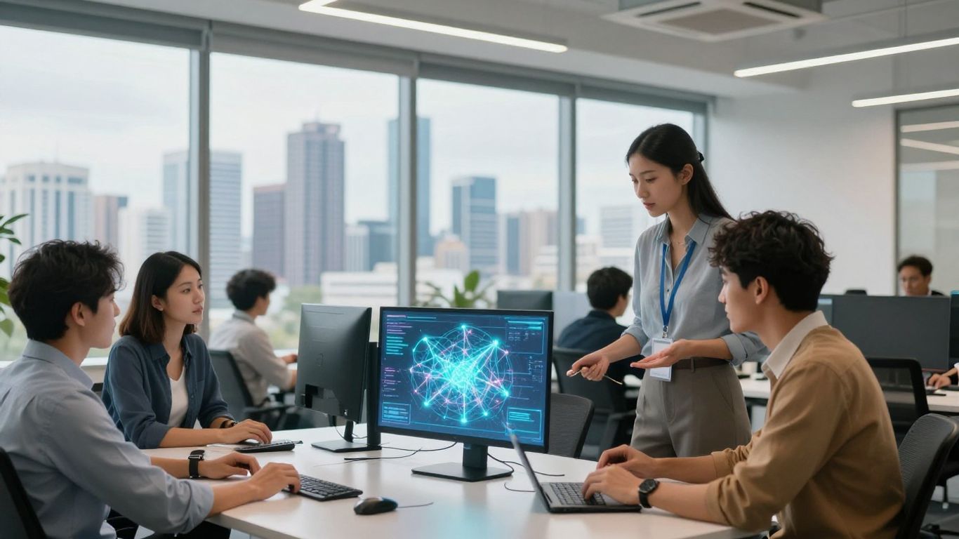 AI agency office with holographic display and Gold Coast skyline.