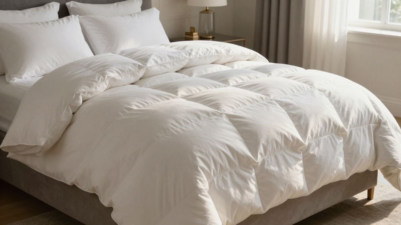 Plush Brooklinen down comforter on a neatly made bed.