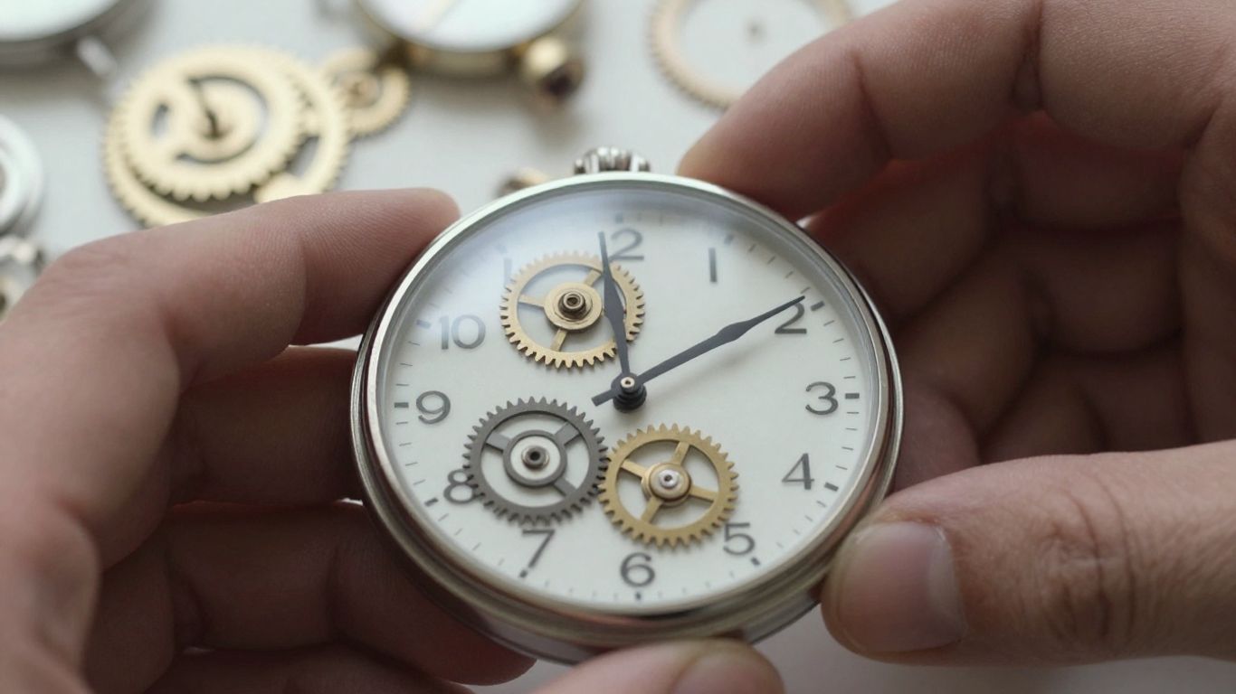 Person examining a clock, gears, and sunlight.