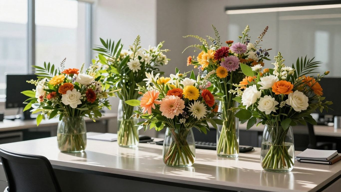 Elegant floral arrangement for corporate gifting in an office.