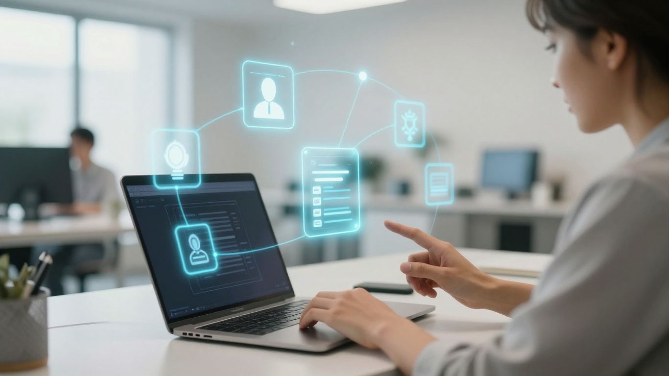 Person managing multiple devices with automated marketing workflows.
