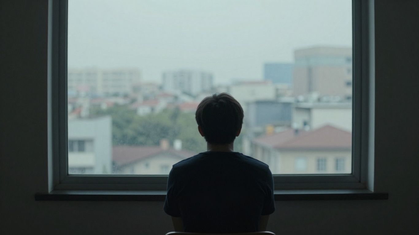 Person looking out a window in a homeless shelter.