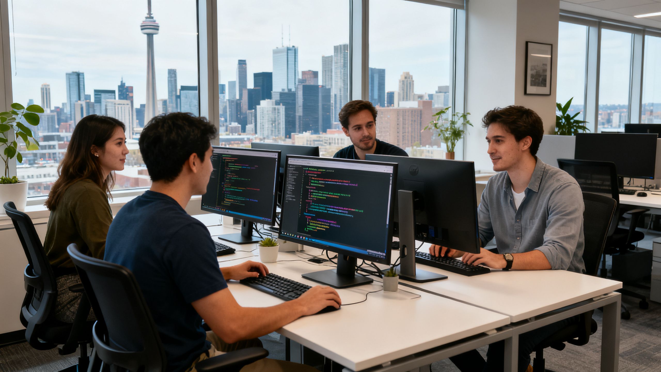 Website development team in Toronto collaborating on a complex project, with city skyline in the background and code on screens