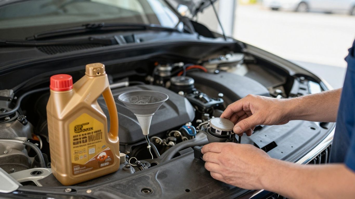 Engine oil bottle beside Volvo vehicle