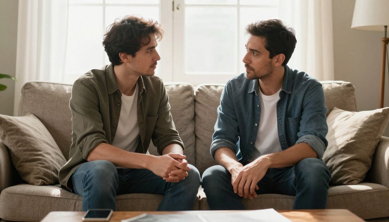 A thoughtful man in his late 30s and his partner having a serious, supportive conversation on a sofa in a sunlit living room.