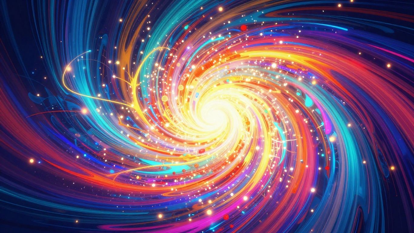 Abstract digital art with glowing particles and swirling colors.