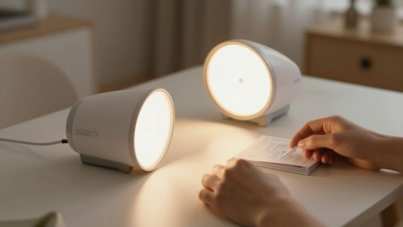 Person vergleicht Lichttherapiegeräte zu Hause