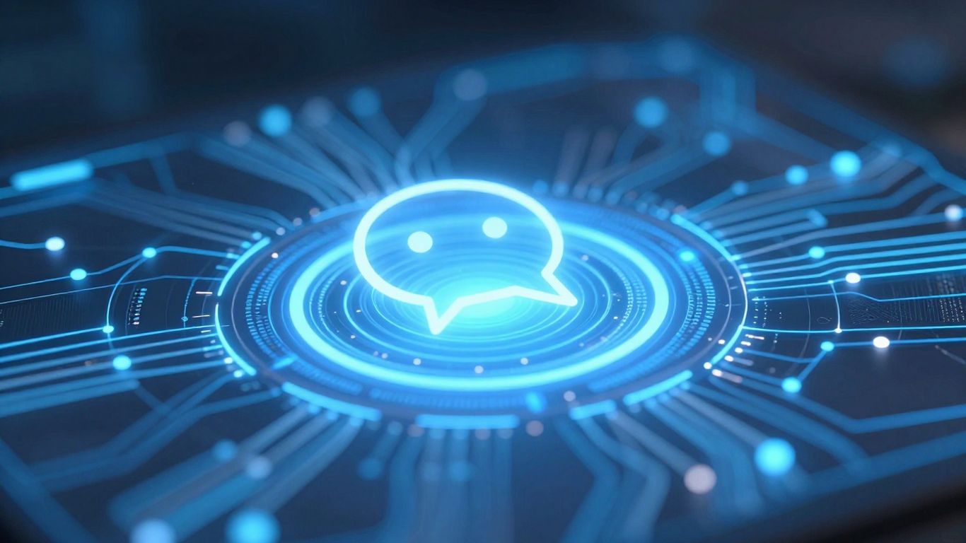 Interface IA futuriste avec circuits bleus et blancs lumineux.
