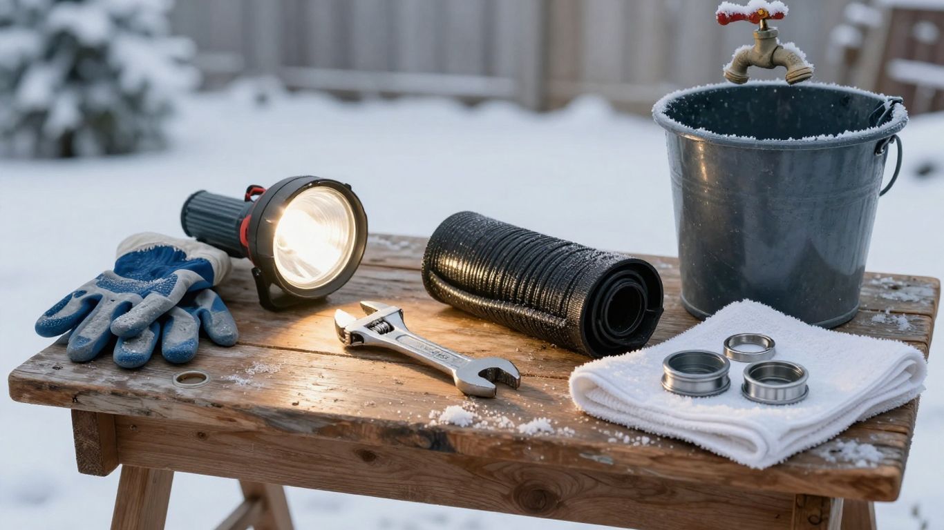 Winter faucet winterization tools arranged outdoors