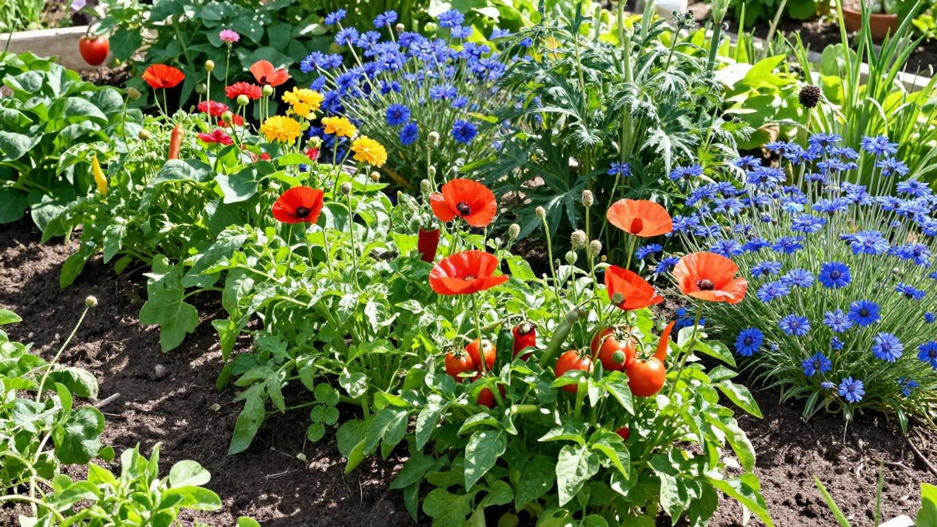 Gemüse und Blumen wachsen zusammen in einem Gartenbeet.
