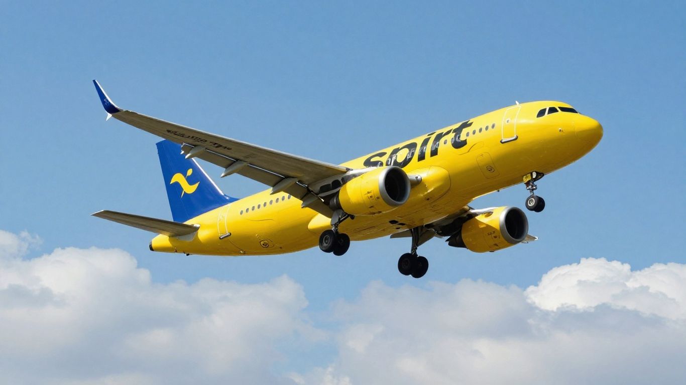Spirit Airlines plane flying in a blue sky.