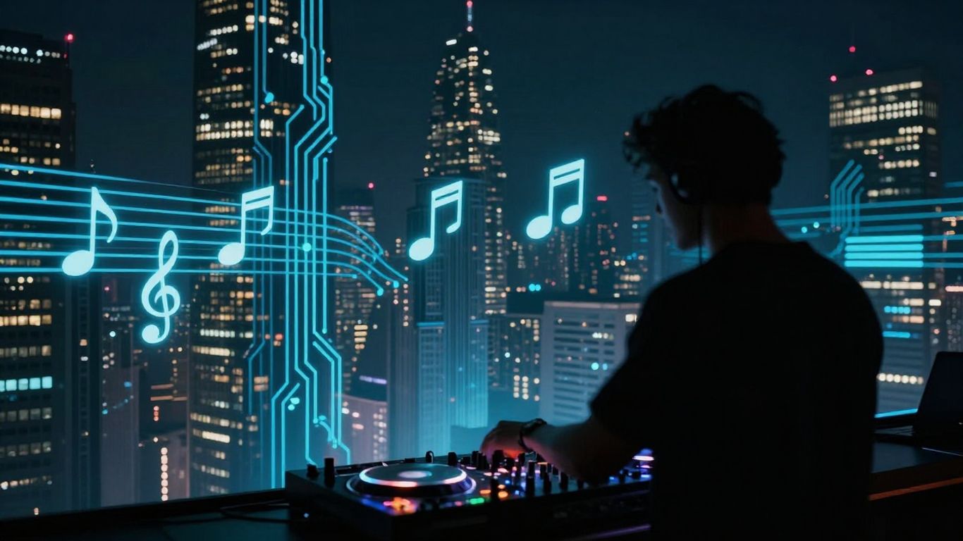 Futuristic cityscape with AI music elements.