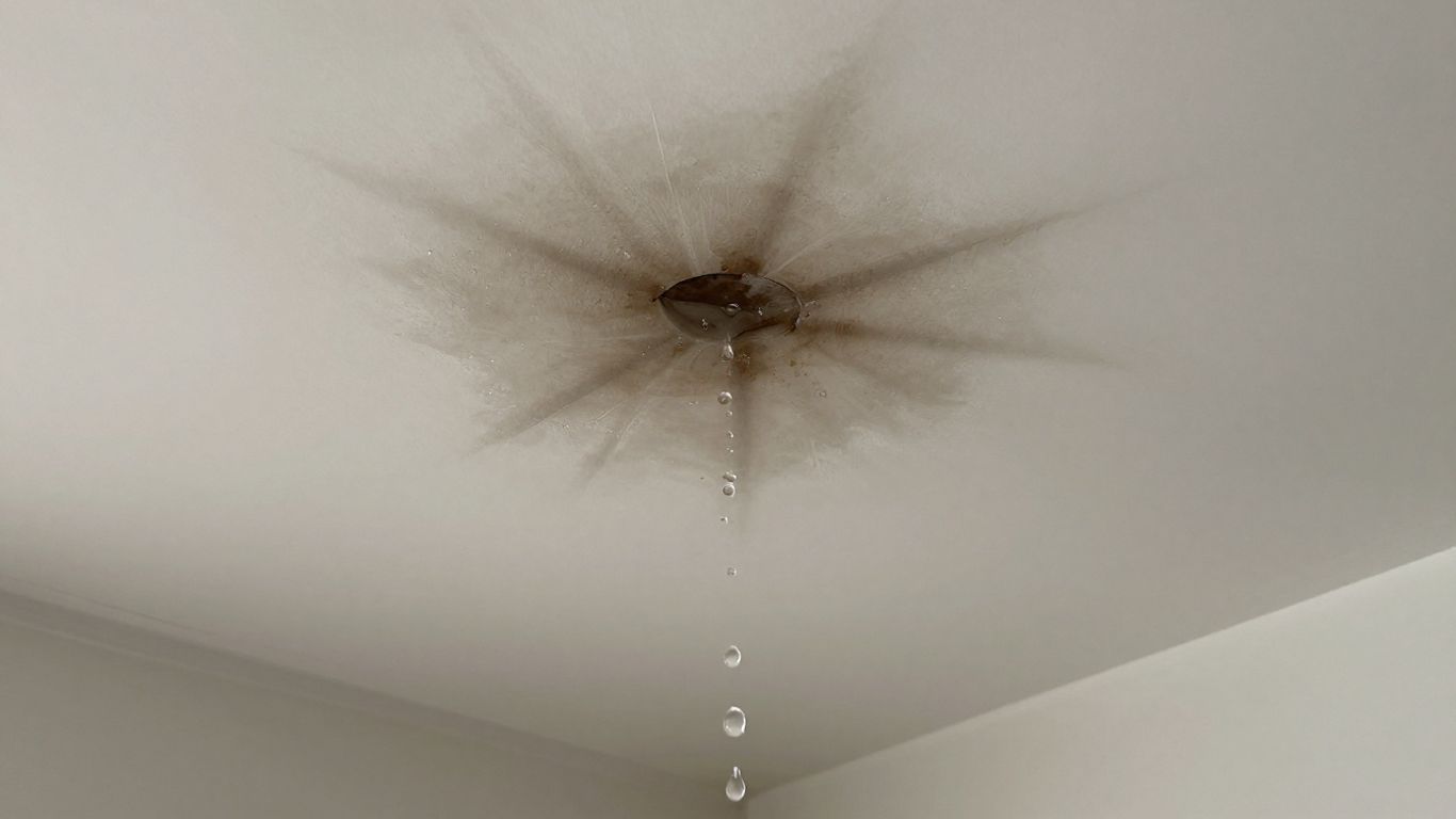 Water dripping from a damaged ceiling stain.