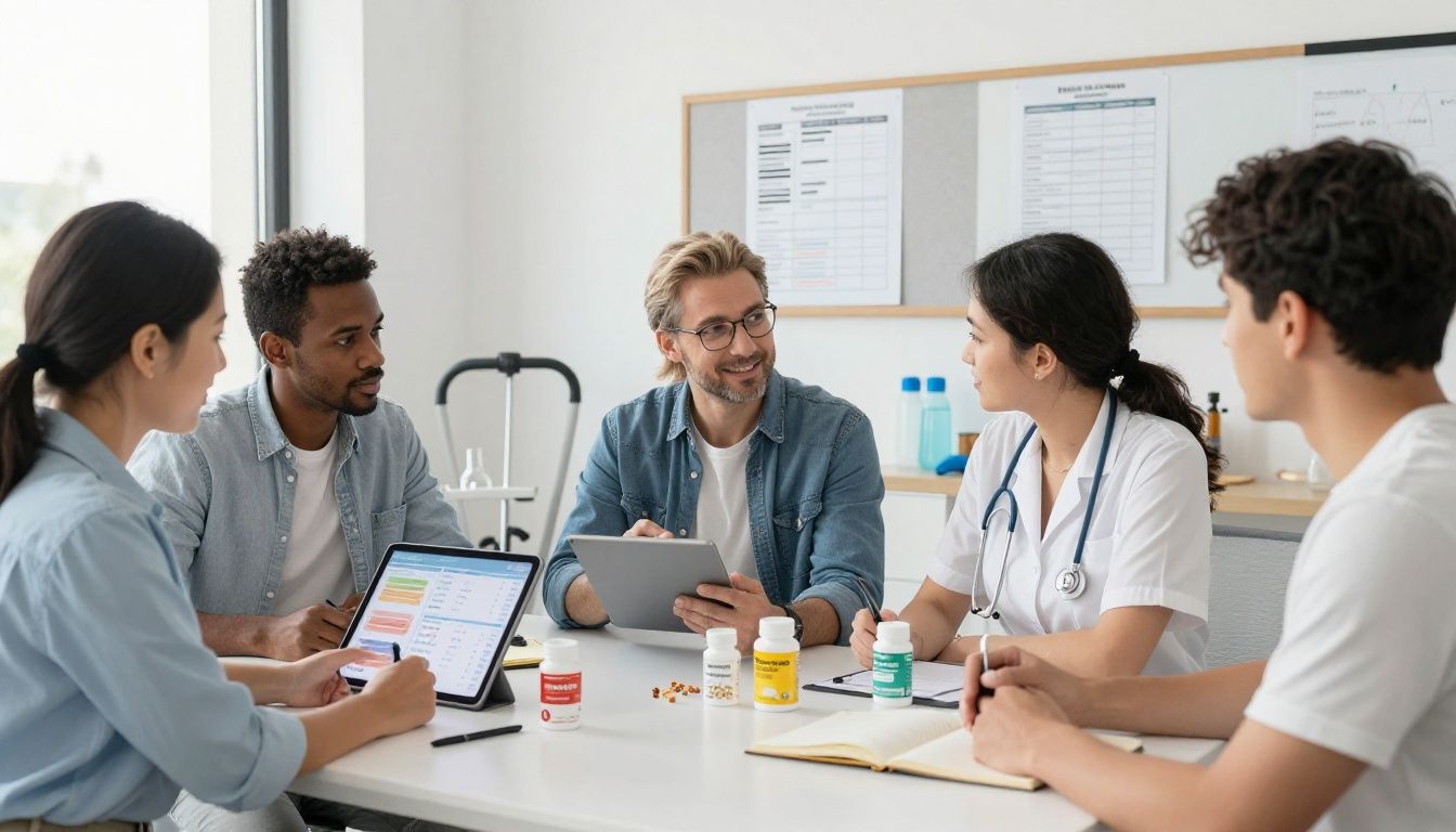 Bright modern health-tech scene showing a diverse group of adults reviewing organized hormone and wellness tracking data on a tablet beside labeled supplements, lab results, fitness equipment, and a recovery journal in a clean contemporary setting