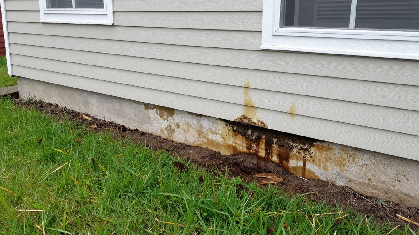 House exterior showing water damage after heavy rain.