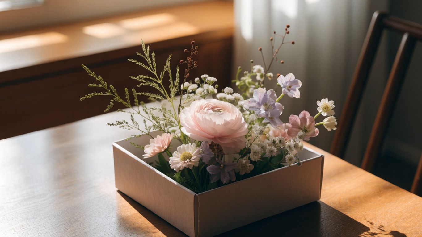 Soft seasonal flowers in a gift box