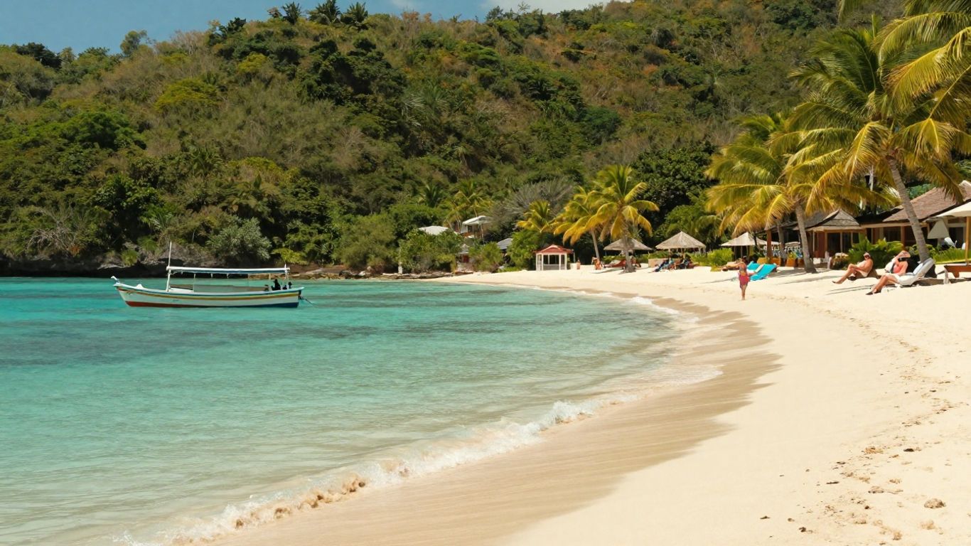 Turquoise Caribbean beach with relaxed travelers