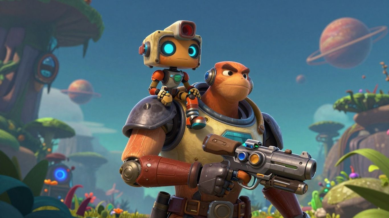Ratchet and Clank characters with futuristic weapons and alien landscape.