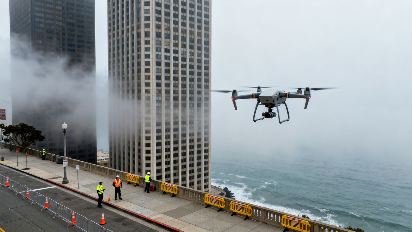 Drone flying beside modern high rise