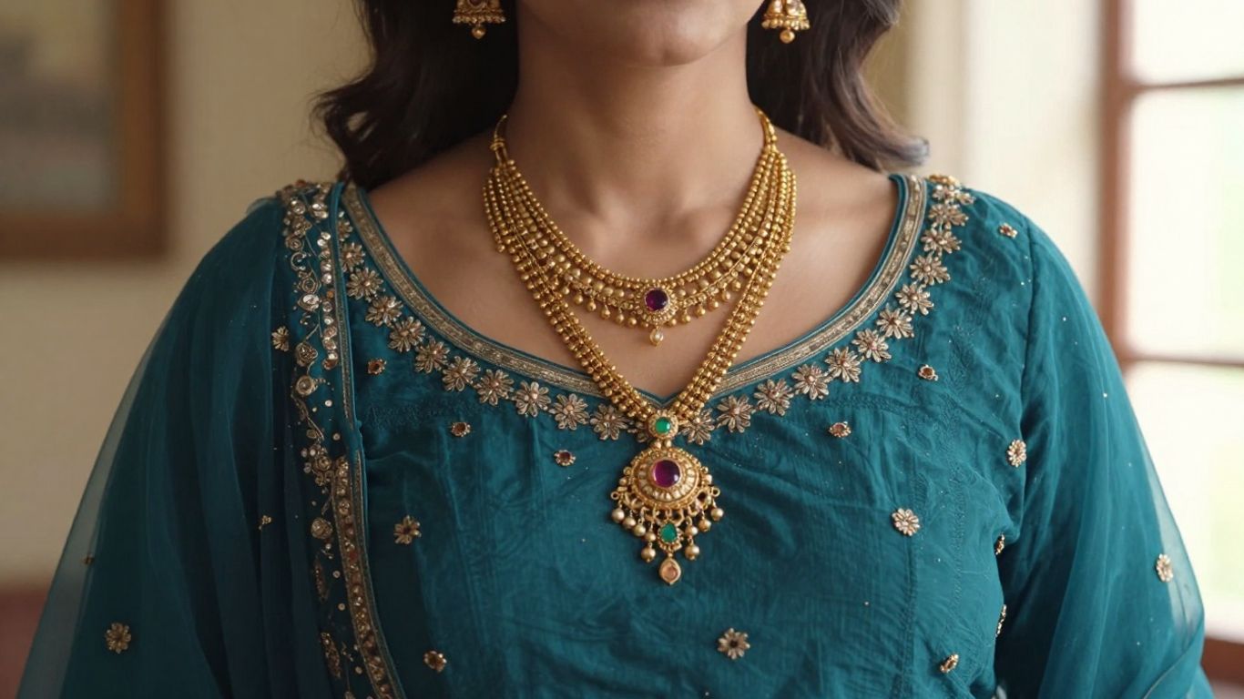 Lehenga blouse neckline with delicate necklace