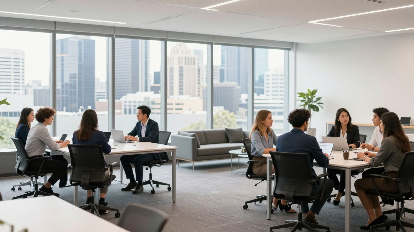 Modern Melbourne office interior with collaborative workspaces.