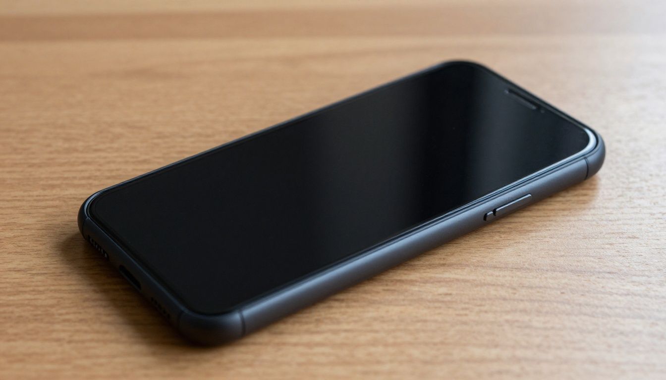 A generic smartphone in a simple black case lying face down on a wooden surface, showing the raised edge of the case lifting the screen off the table.