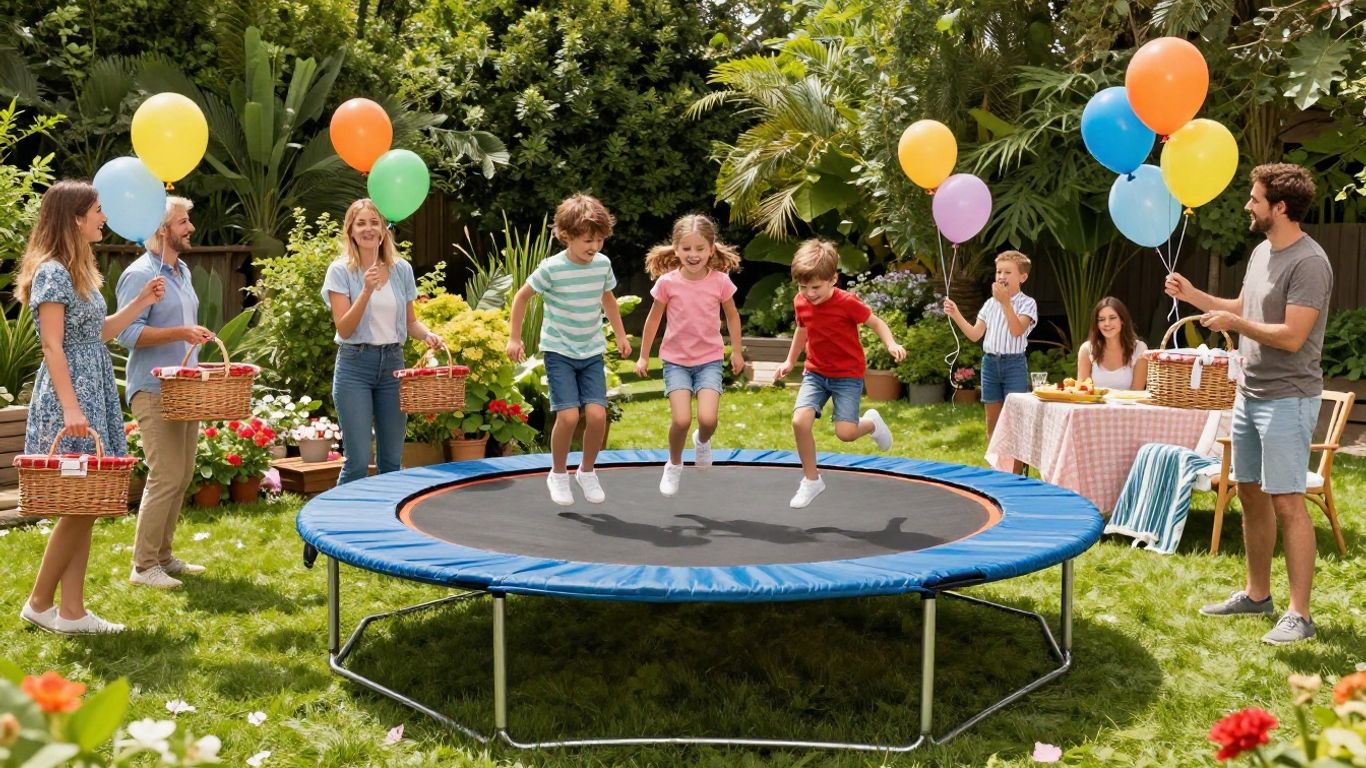 Family and friends enjoying a trampoline party outdoors.