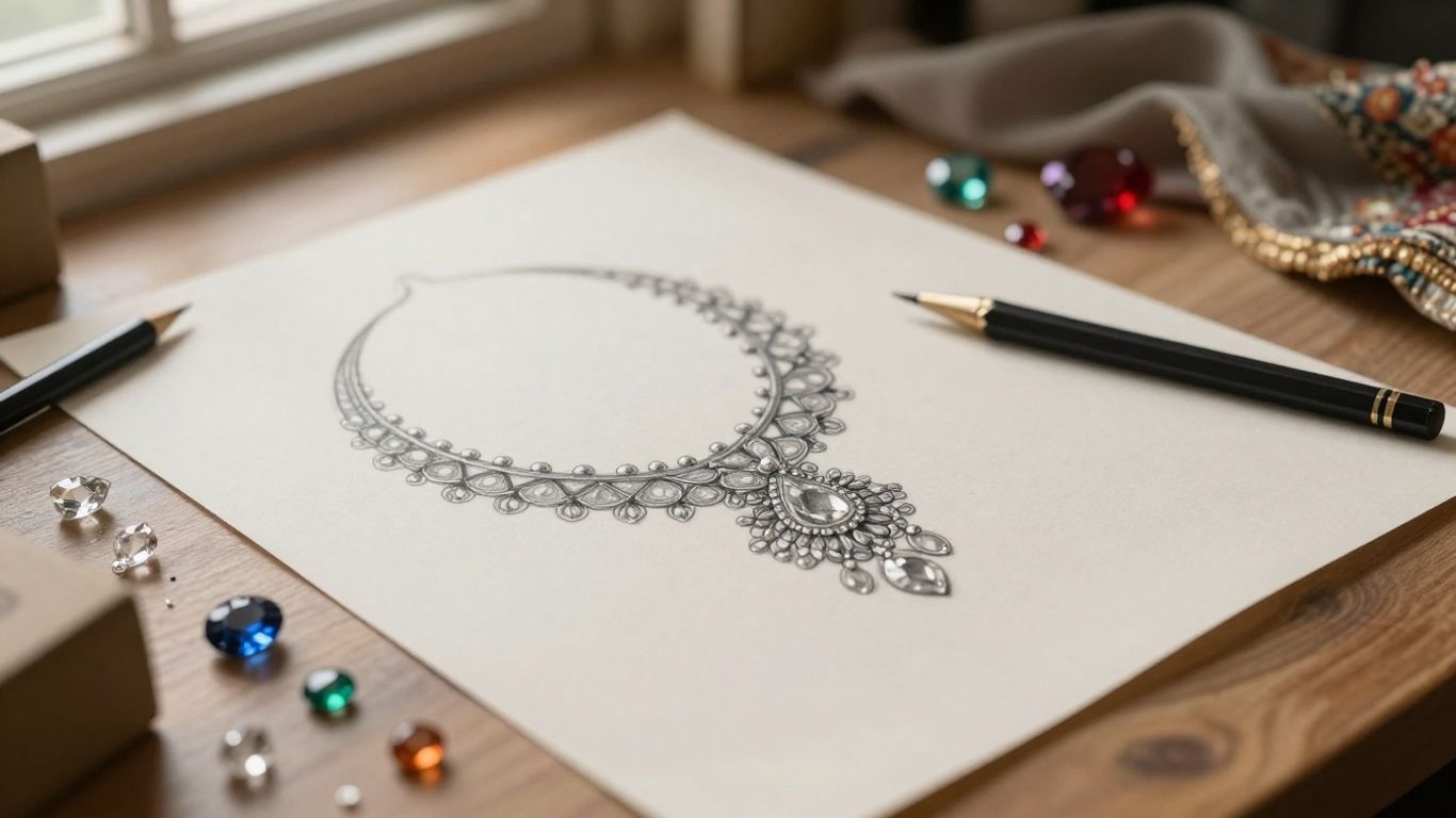 Jewellery sketches beside gemstones and fabric swatches