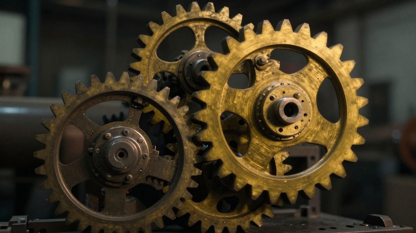 Interlocking gears with one golden gear highlighted.