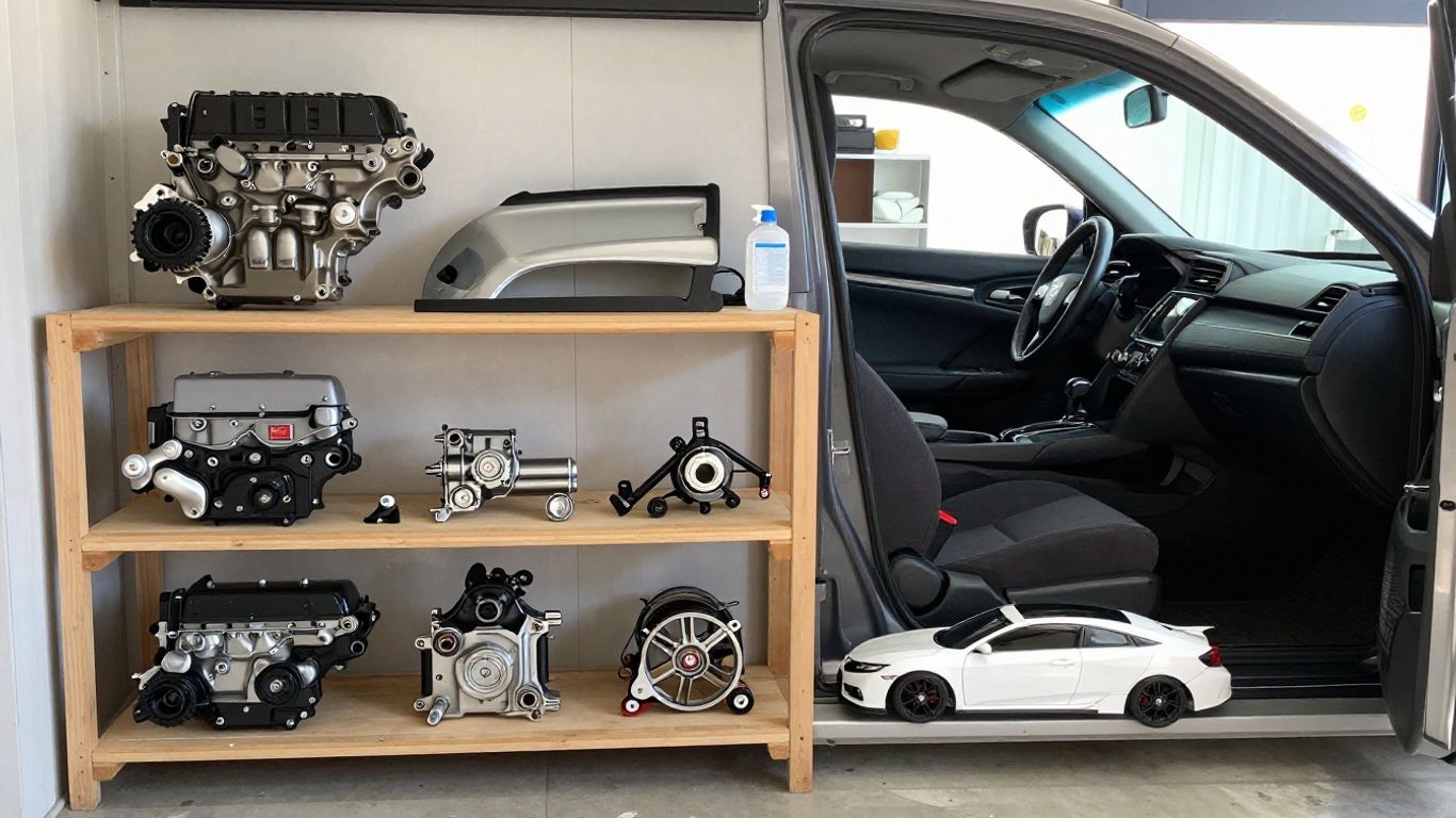 Genuine Honda Civic parts displayed in a local auto shop.