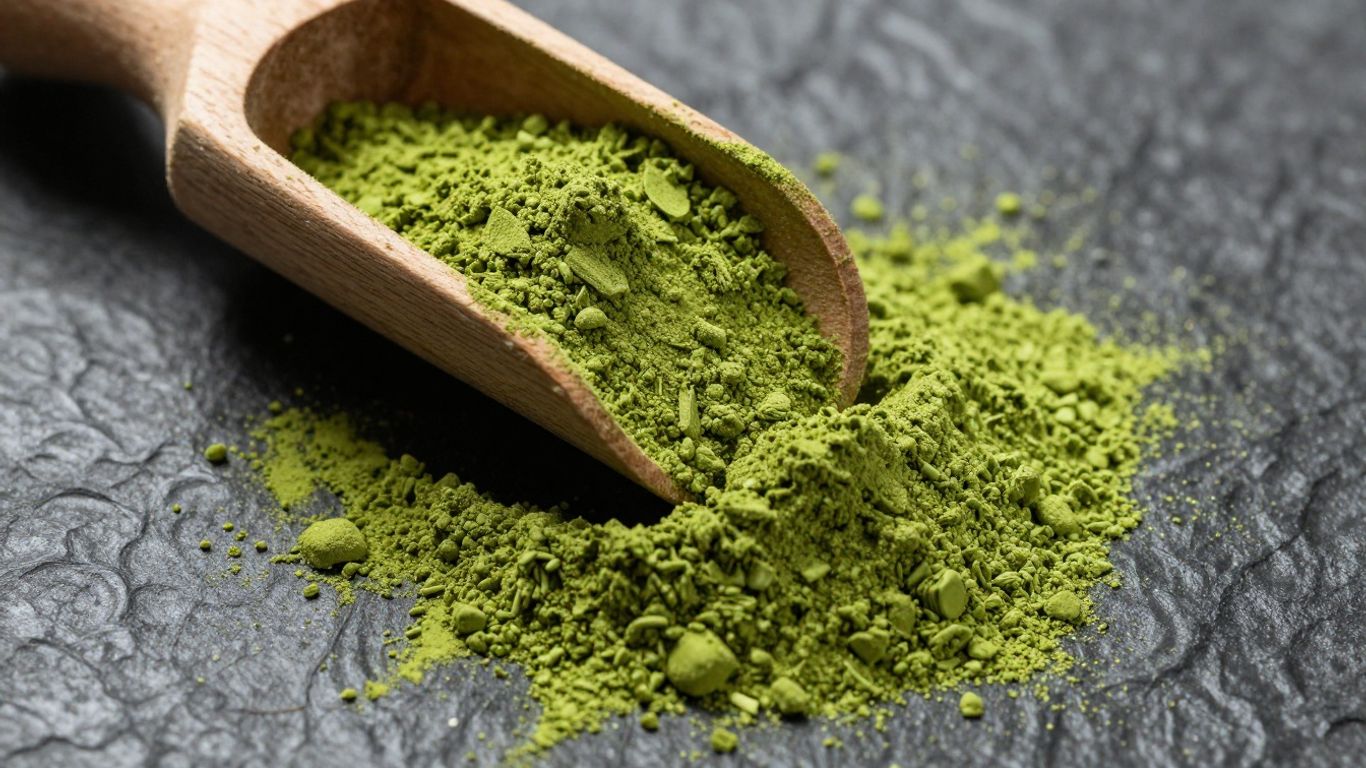 Vibrant green matcha powder spilling from a wooden scoop.