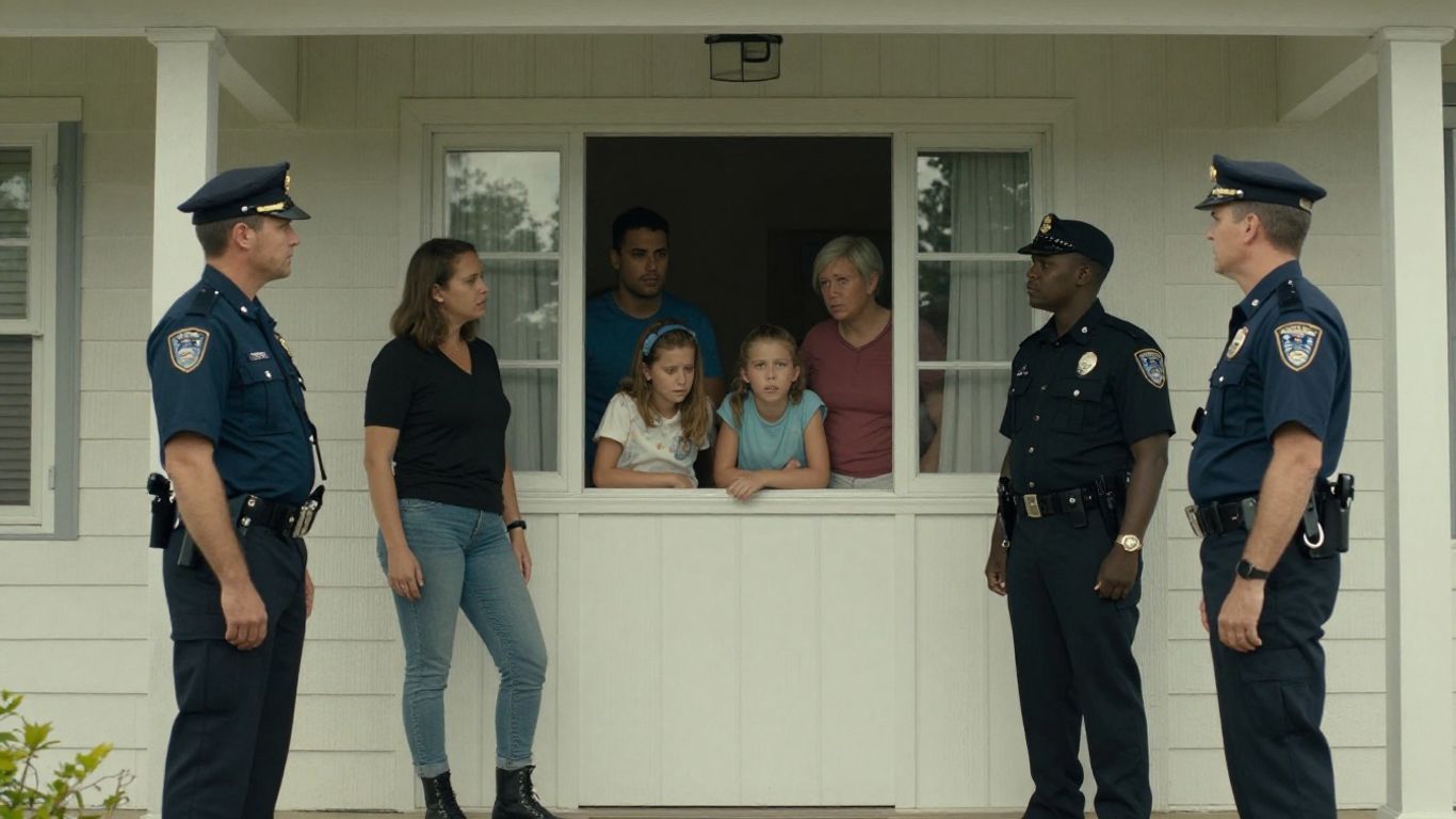 Familia preocupada mirando por la ventana a agentes.