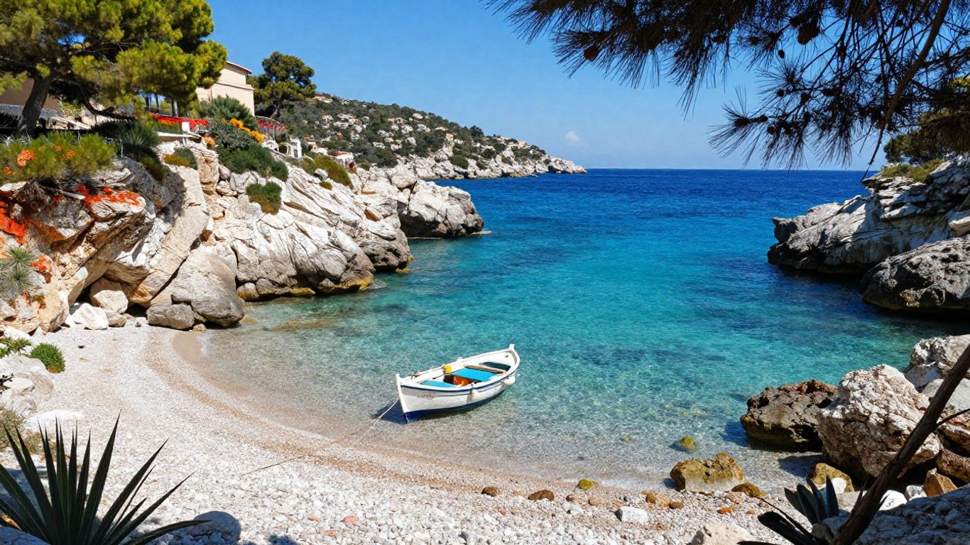 Secluded cove on a French island with turquoise water and cliffs.
