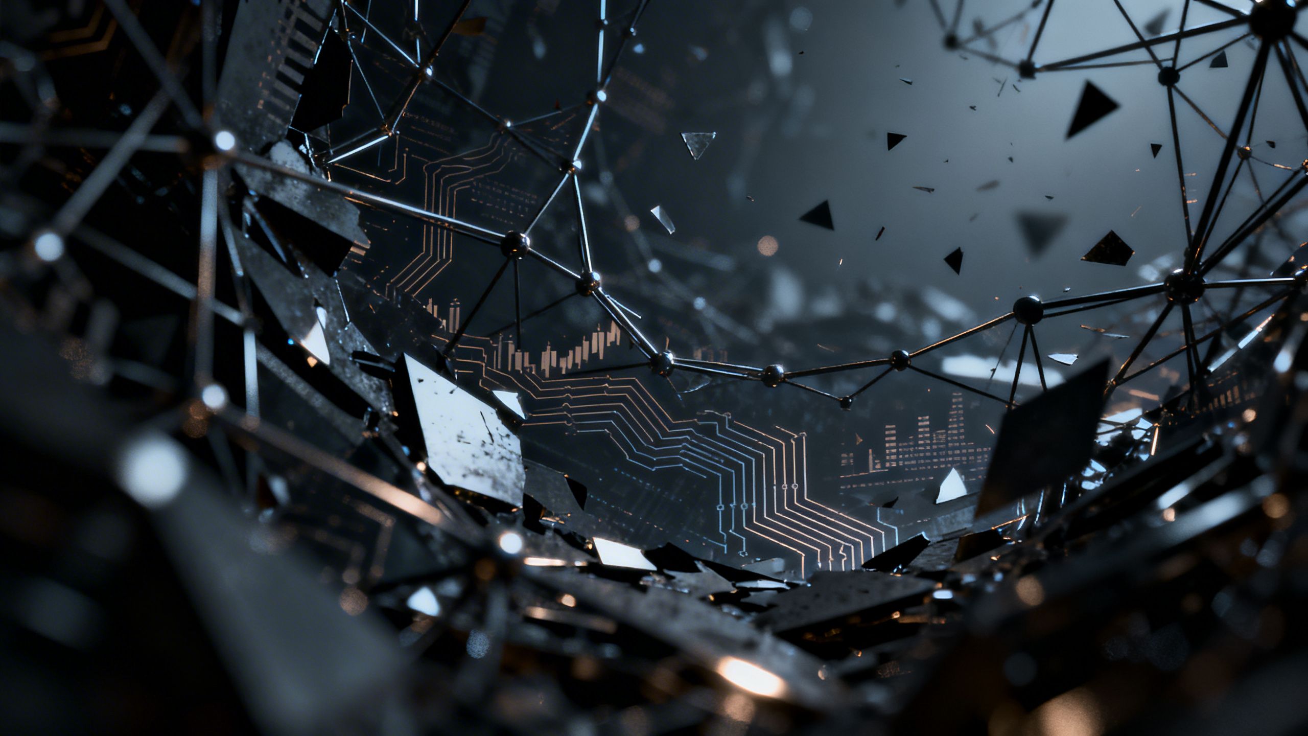 Abstract financial network with AI circuits and signs of instability.