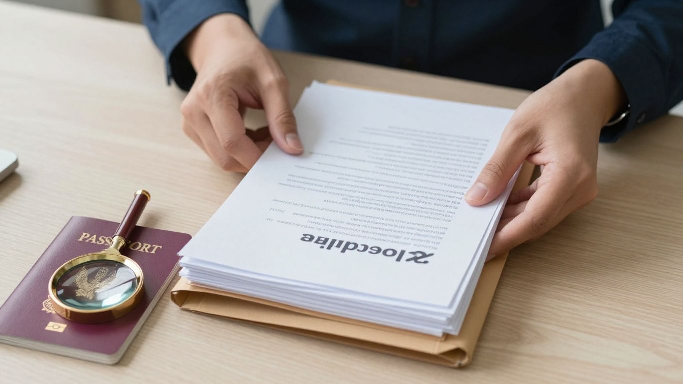 Persona revisando documentos migratorios cuidadosamente