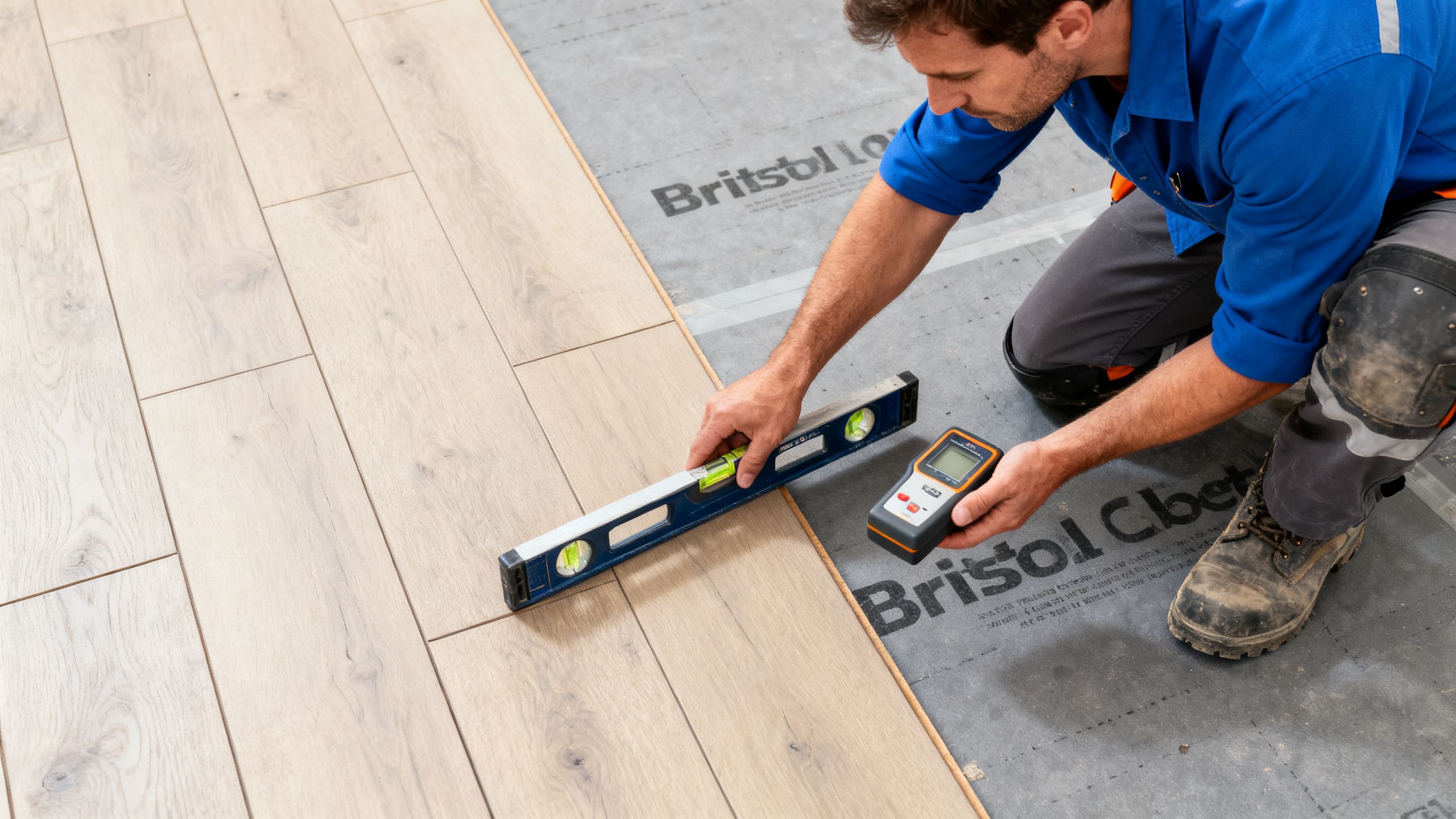 A flooring fitter inspecting an existing Bristol subfloor with a spirit level and moisture meter before deciding whether new laminate, vinyl or LVT can be laid over it