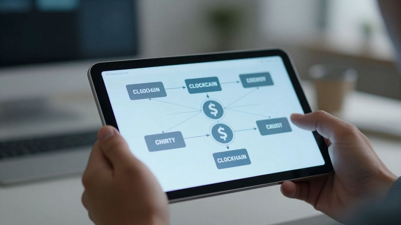 Hands holding tablet with blockchain network visualization.