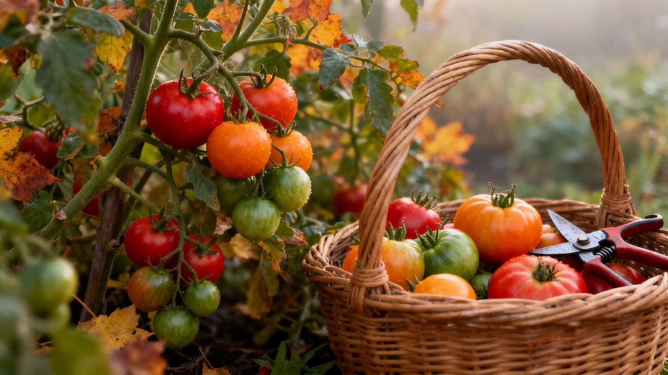 Reife und grüne Tomaten im Herbstgarten