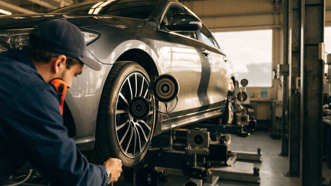 Technician checking wheel alignment measurements