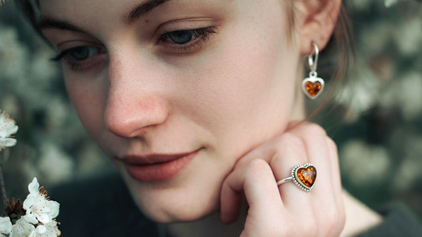 A person with heart-shaped amber jewelry surrounded by white blossoms.