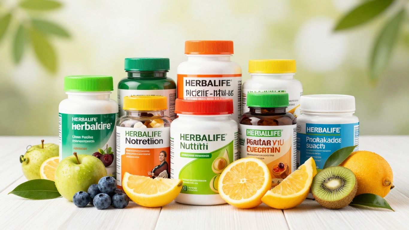 Herbalife nutrition products with fruits and leaves.