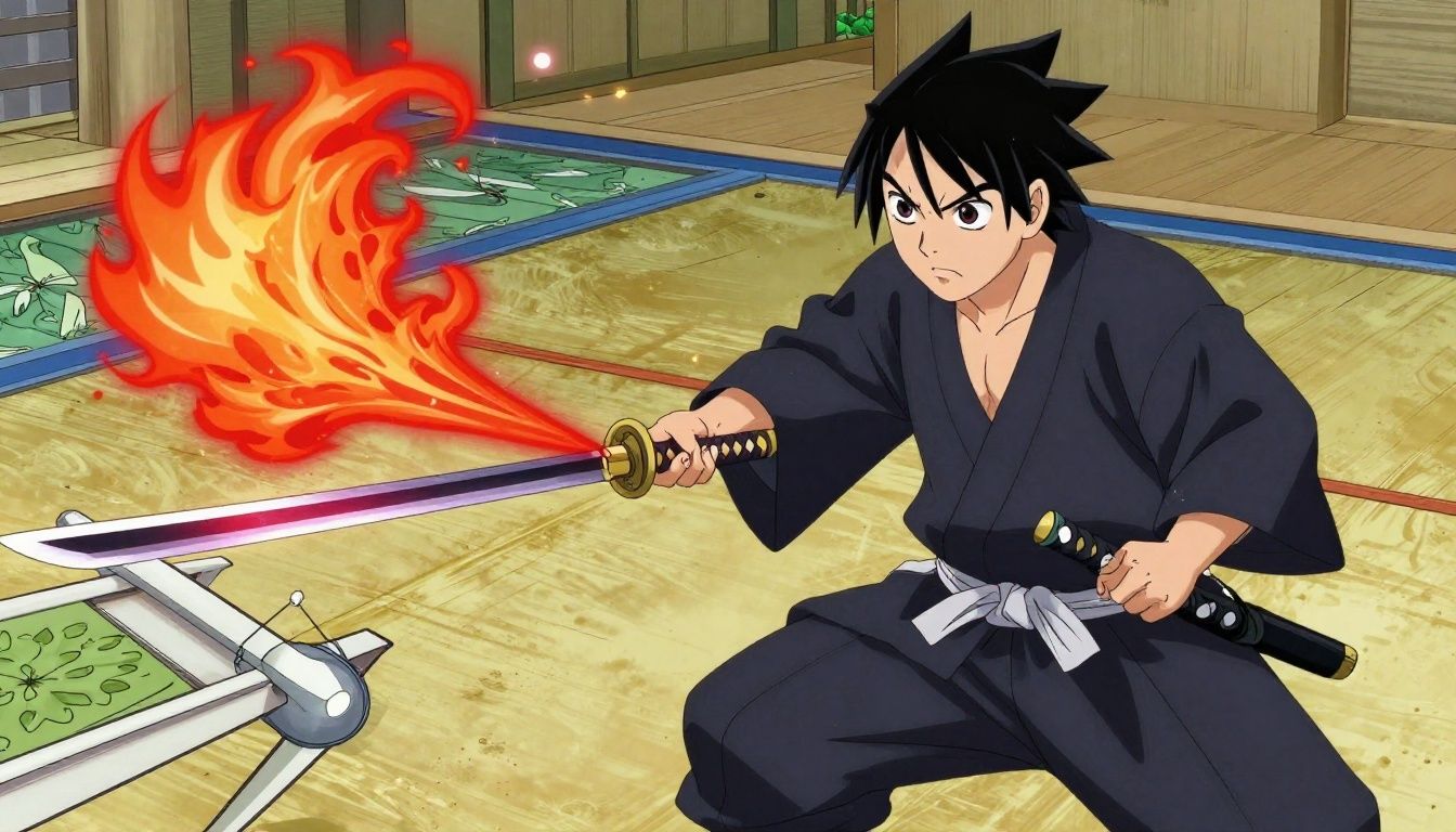 Um shinobi saltando sobre um ataque de varredura enquanto faíscas voam do aço de sua katana